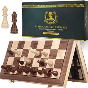 Vahome Magnetic Chess Board Set for Adults & Kids, 15" Wooden Folding Chess Boards, Handcrafted Portable Travel Chess Game for Beginner Tournament with Pieces Storage Slots & 2 Extra Queens